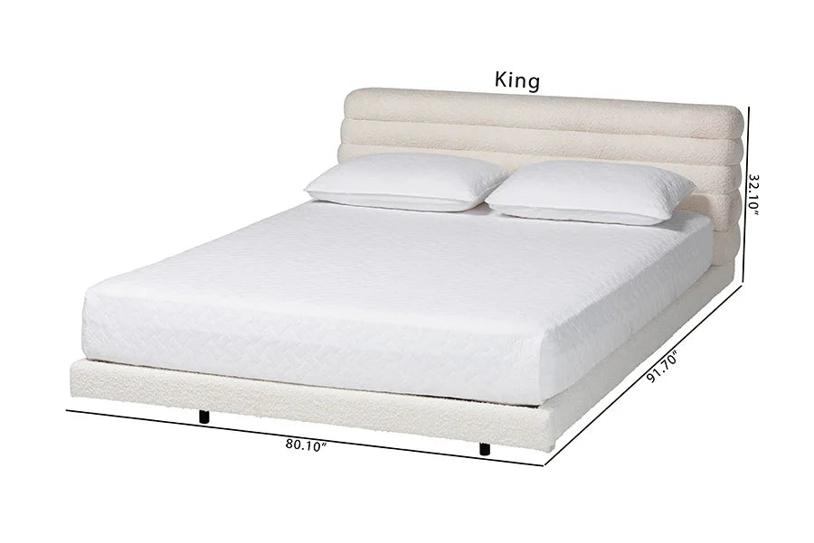Baxton Studio Queen Alfie Boucle Floating Bed with Channel Tufted Headboard - Low Profile Minimalist Platform Bed Frame, Cream FredCo