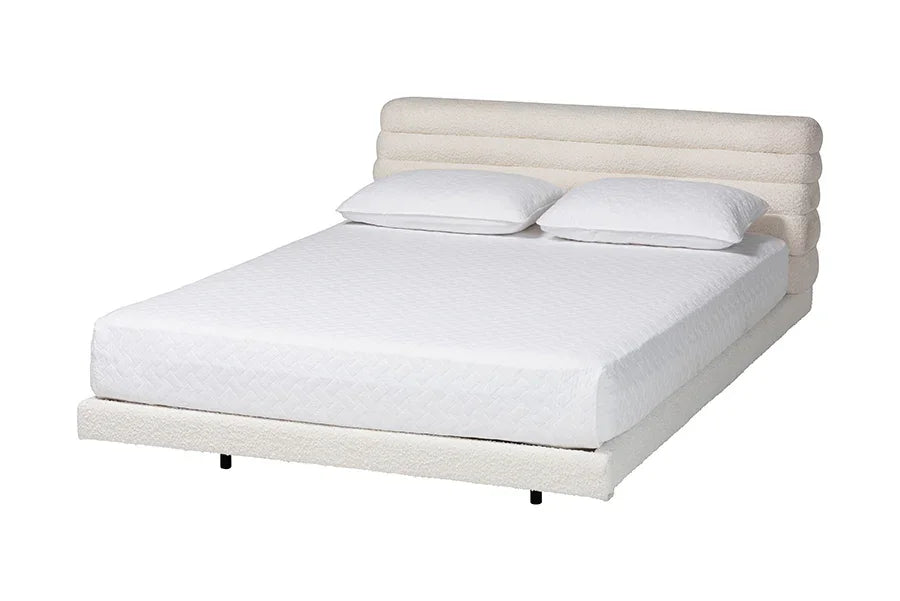 Baxton Studio Queen Alfie Boucle Floating Bed with Channel Tufted Headboard - Low Profile Minimalist Platform Bed Frame, Cream FredCo