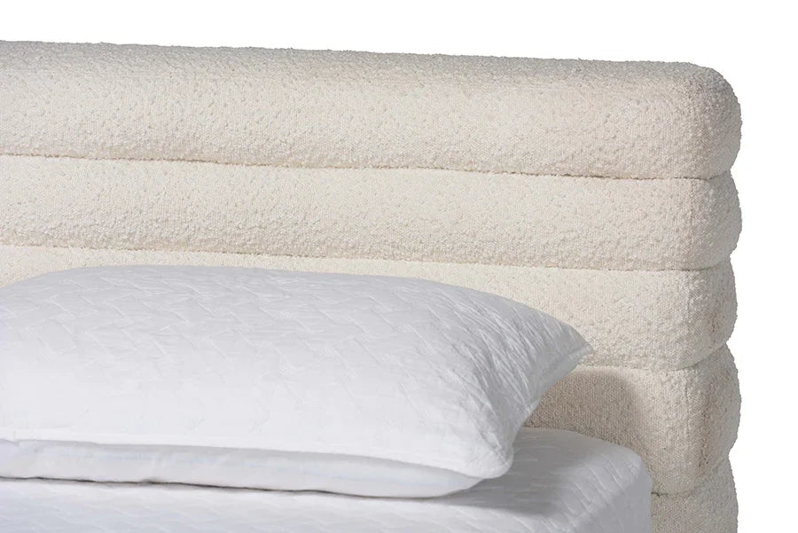 Baxton Studio Queen Alfie Boucle Floating Bed with Channel Tufted Headboard - Low Profile Minimalist Platform Bed Frame, Cream FredCo