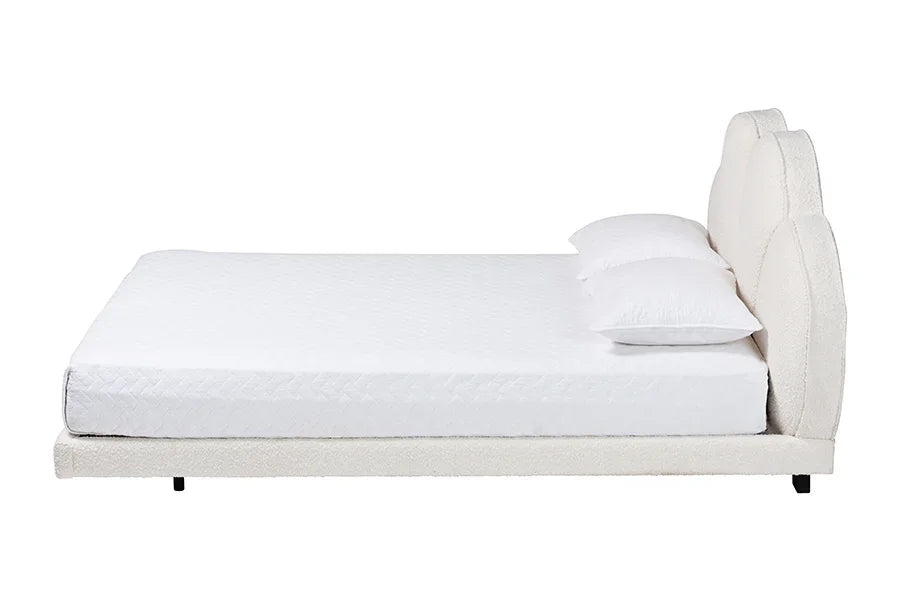 Baxton Studio Queen Barrera Floating Platform Bed with Scalloped Headboard - Low Profile Minimalist Boucle Upholstered Bed Frame, Cream FredCo