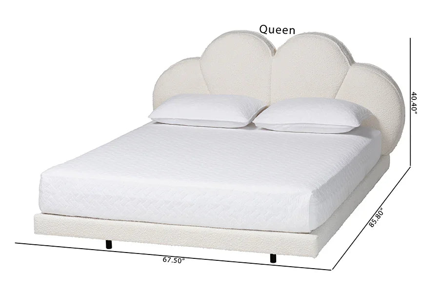 Baxton Studio Queen Barrera Floating Platform Bed with Scalloped Headboard - Low Profile Minimalist Boucle Upholstered Bed Frame, Cream FredCo