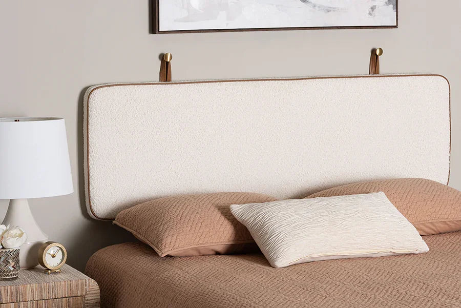 Baxton Studio Queen Belden Boucle Upholstered Wall-Mounted Headboard - Padded Cushion Panel with Faux Leather Piping, Modern Bedroom Accent Piece, Cream FredCo