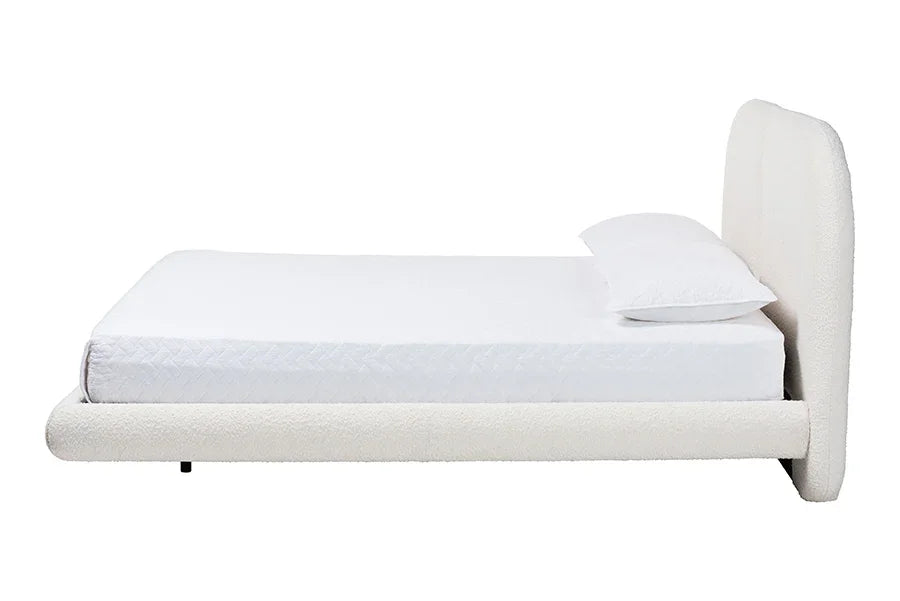 Baxton Studio Queen Cachet Floating Platform Bed with Rounded Headboard - Low Profile Minimalist Boucle Upholstered Bed Frame, Cream FredCo