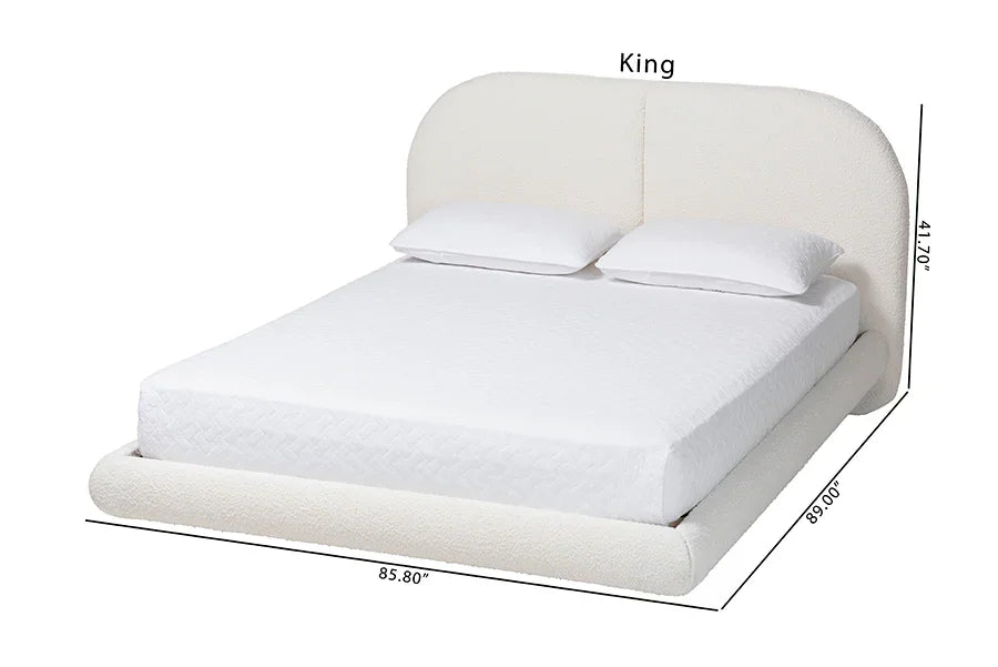Baxton Studio Queen Cachet Floating Platform Bed with Rounded Headboard - Low Profile Minimalist Boucle Upholstered Bed Frame, Cream FredCo