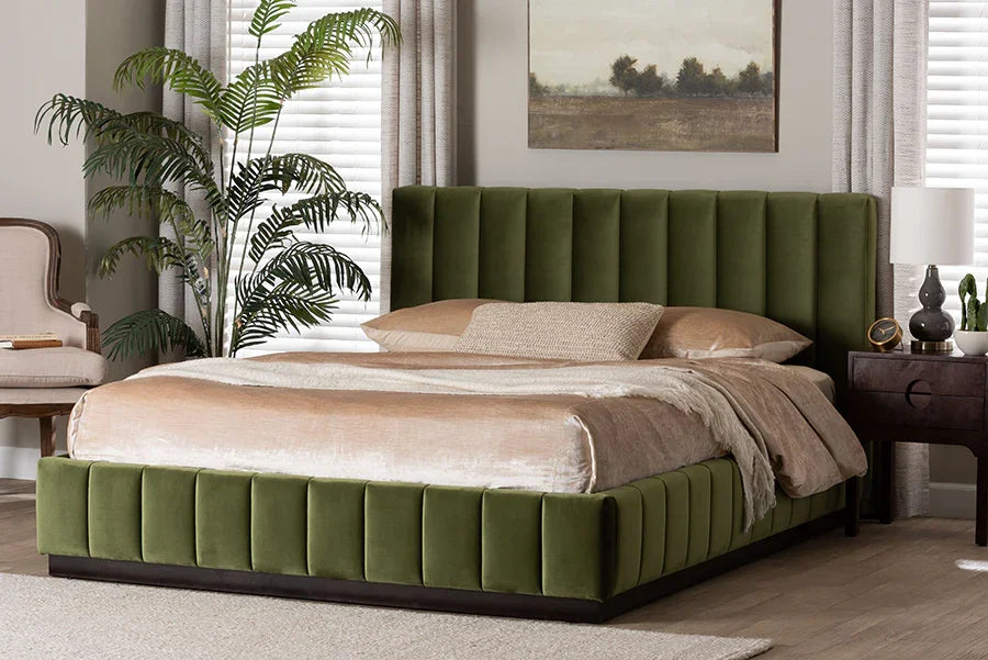 Baxton Studio Queen Granger Velvet Upholstered Platform Bed with Channel Tufted Headboard, Modern Low Profile Bed Frame, Moss Green FredCo