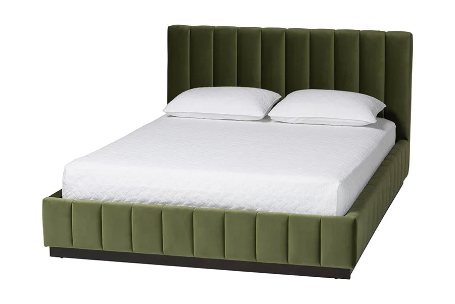 Baxton Studio Queen Granger Velvet Upholstered Platform Bed with Channel Tufted Headboard, Modern Low Profile Bed Frame, Moss Green FredCo