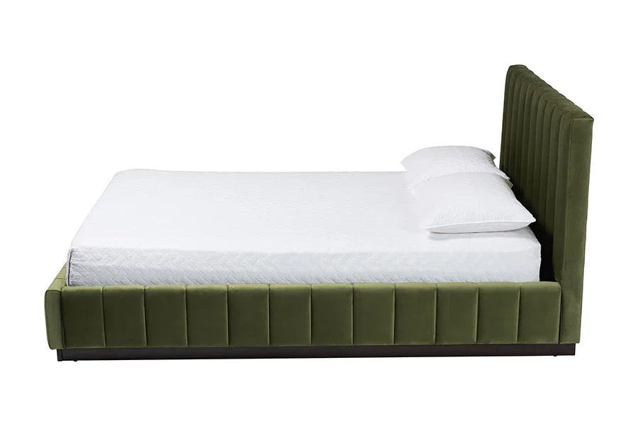 Baxton Studio Queen Granger Velvet Upholstered Platform Bed with Channel Tufted Headboard, Modern Low Profile Bed Frame, Moss Green FredCo