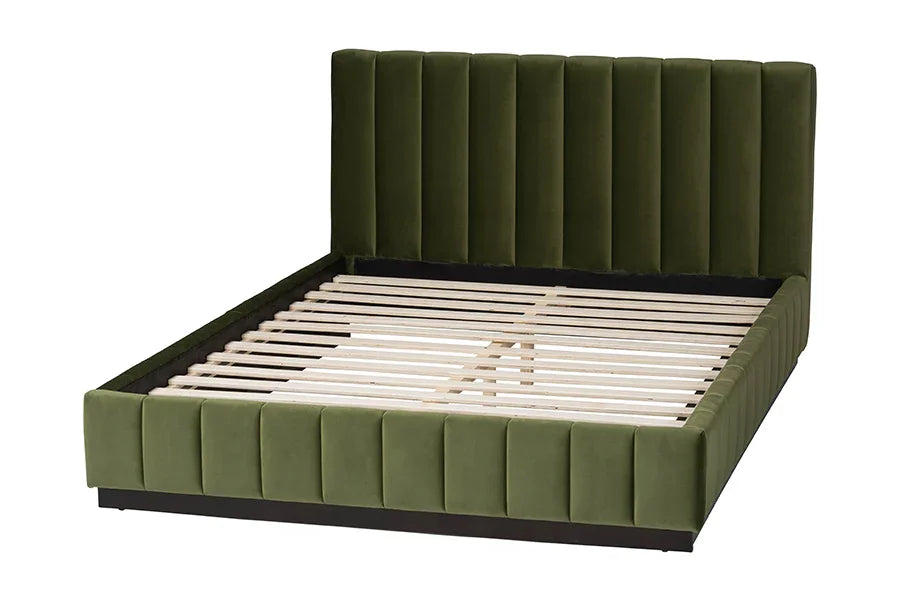 Baxton Studio Queen Granger Velvet Upholstered Platform Bed with Channel Tufted Headboard, Modern Low Profile Bed Frame, Moss Green FredCo