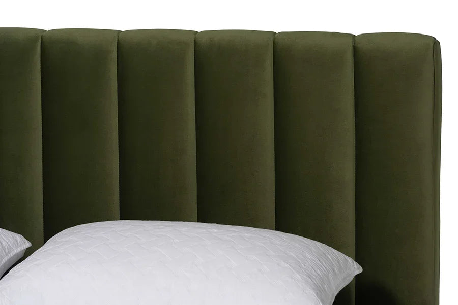 Baxton Studio Queen Granger Velvet Upholstered Platform Bed with Channel Tufted Headboard, Modern Low Profile Bed Frame, Moss Green FredCo
