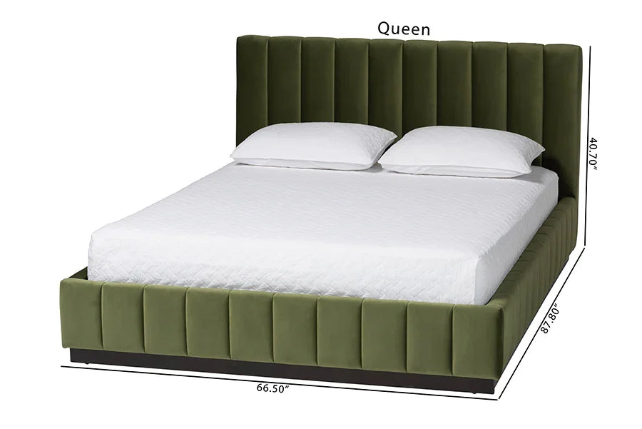 Baxton Studio Queen Granger Velvet Upholstered Platform Bed with Channel Tufted Headboard, Modern Low Profile Bed Frame, Moss Green FredCo