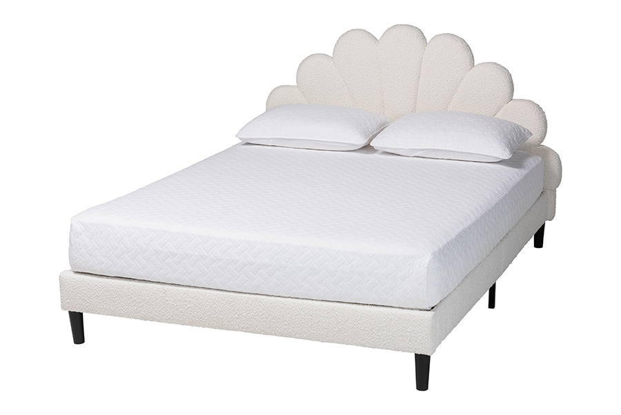 Baxton Studio Queen Size Albion Boucle Upholstered Platform Bed - Soft Fabric Bed Frame with Padded Headboard, Minimalist Design, Cream FredCo