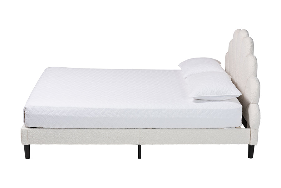 Baxton Studio Queen Size Albion Boucle Upholstered Platform Bed - Soft Fabric Bed Frame with Padded Headboard, Minimalist Design, Cream FredCo