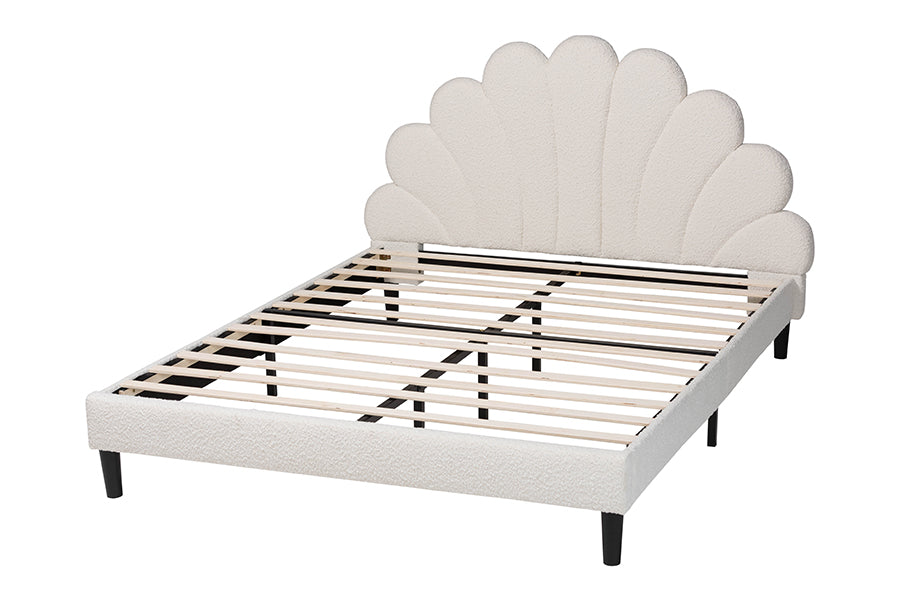 Baxton Studio Queen Size Albion Boucle Upholstered Platform Bed - Soft Fabric Bed Frame with Padded Headboard, Minimalist Design, Cream FredCo