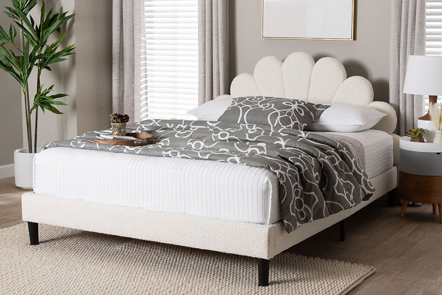 Baxton Studio Queen Size Albion Boucle Upholstered Platform Bed - Soft Fabric Bed Frame with Padded Headboard, Minimalist Design, Cream FredCo