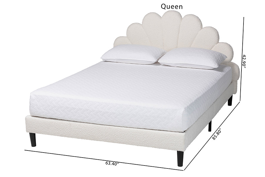 Baxton Studio Queen Size Albion Boucle Upholstered Platform Bed - Soft Fabric Bed Frame with Padded Headboard, Minimalist Design, Cream FredCo