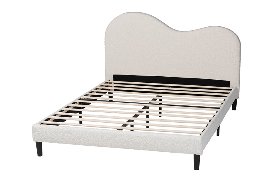 Baxton Studio Queen Size Dalton Boucle Upholstered Platform Bed - Soft Fabric Bed Frame with Headboard, Minimalist Design, Cream FredCo