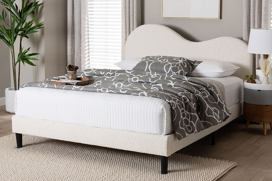 Baxton Studio Queen Size Dalton Boucle Upholstered Platform Bed - Soft Fabric Bed Frame with Headboard, Minimalist Design, Cream FredCo