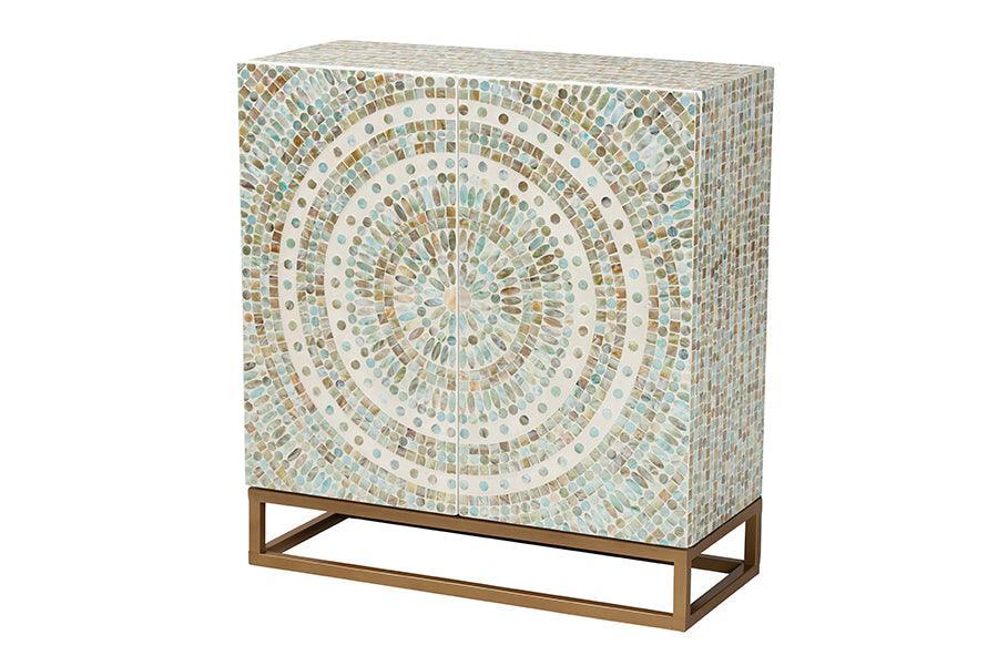Baxton Studio Quintus Modern Bohemian Multicolor Mother of Pearl and Gold Metal Storage Cabinet FredCo