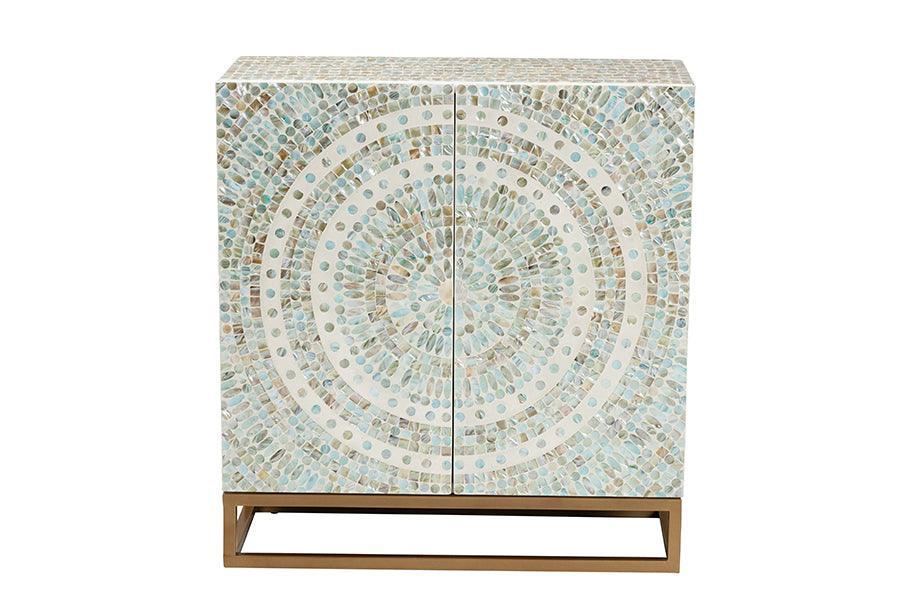 Baxton Studio Quintus Modern Bohemian Multicolor Mother of Pearl and Gold Metal Storage Cabinet FredCo