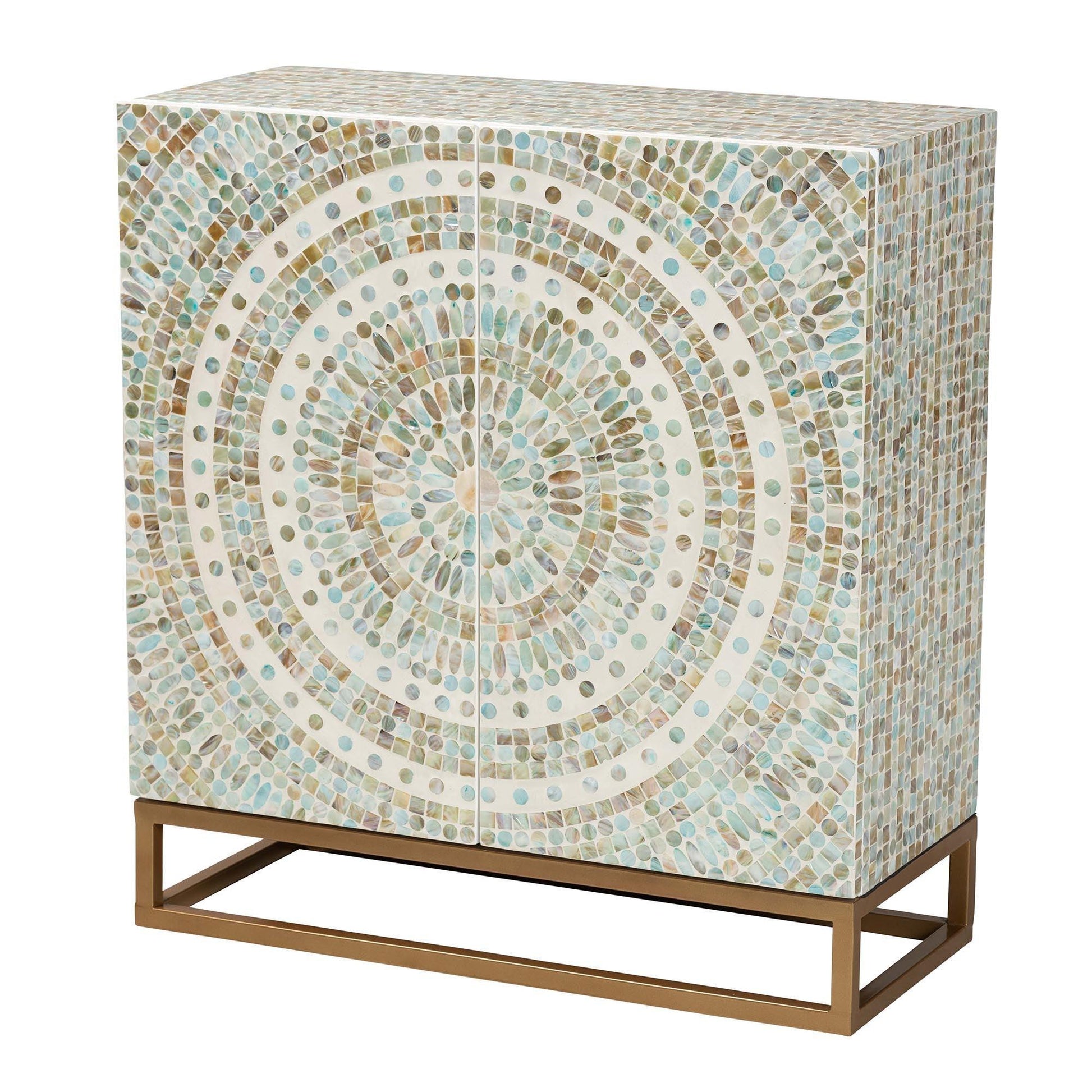 Baxton Studio Quintus Modern Bohemian Multicolor Mother of Pearl and Gold Metal Storage Cabinet FredCo