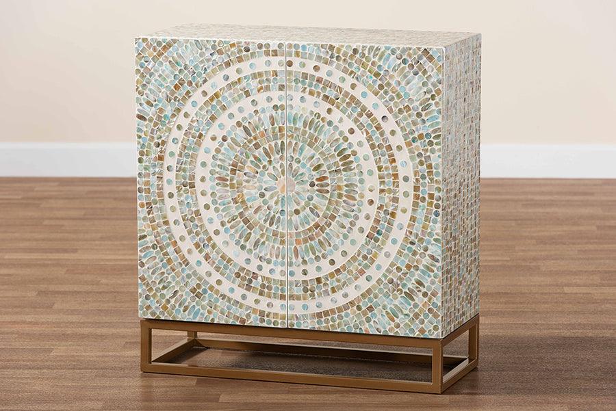 Baxton Studio Quintus Modern Bohemian Multicolor Mother of Pearl and Gold Metal Storage Cabinet FredCo