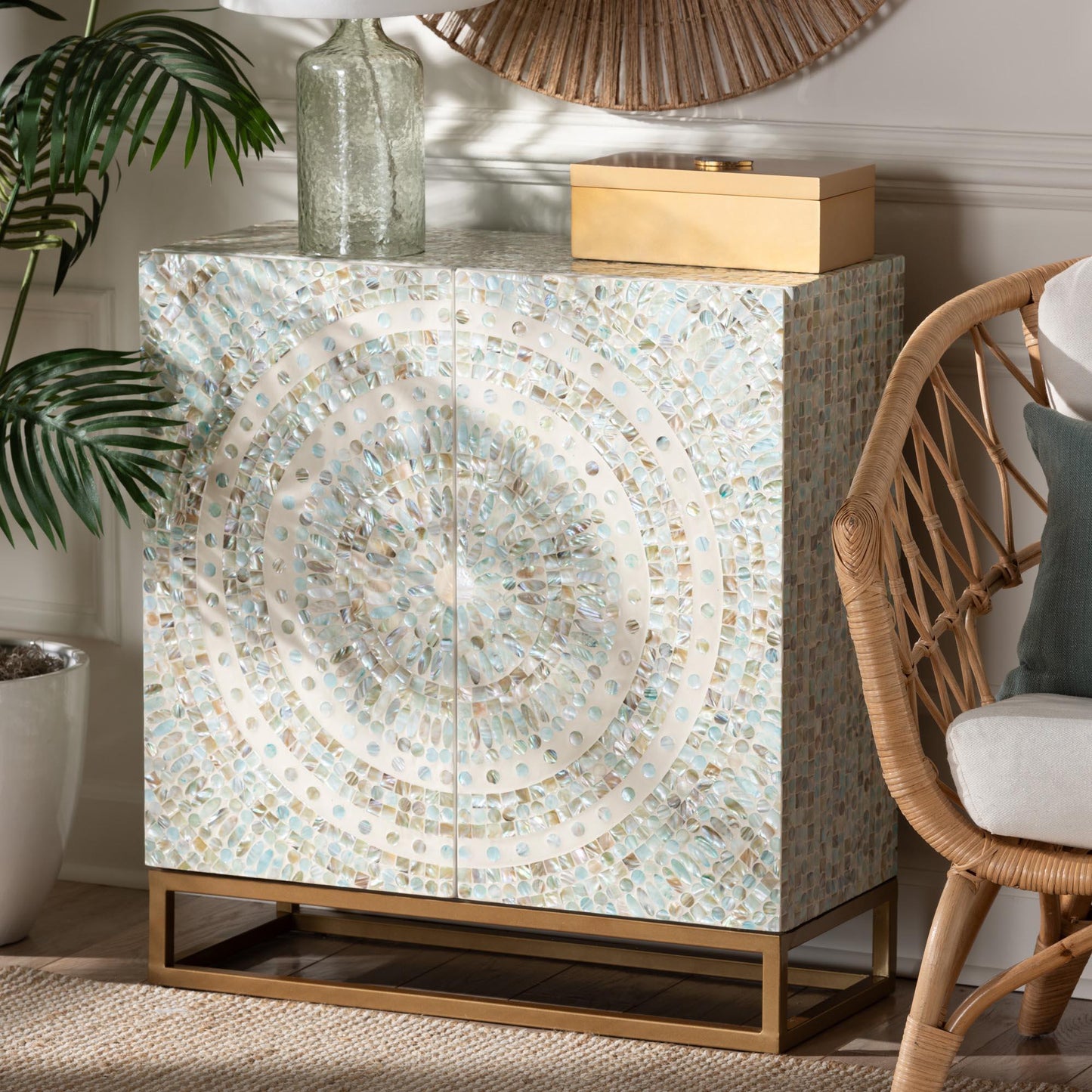 Baxton Studio Quintus Modern Bohemian Multicolor Mother of Pearl and Gold Metal Storage Cabinet FredCo