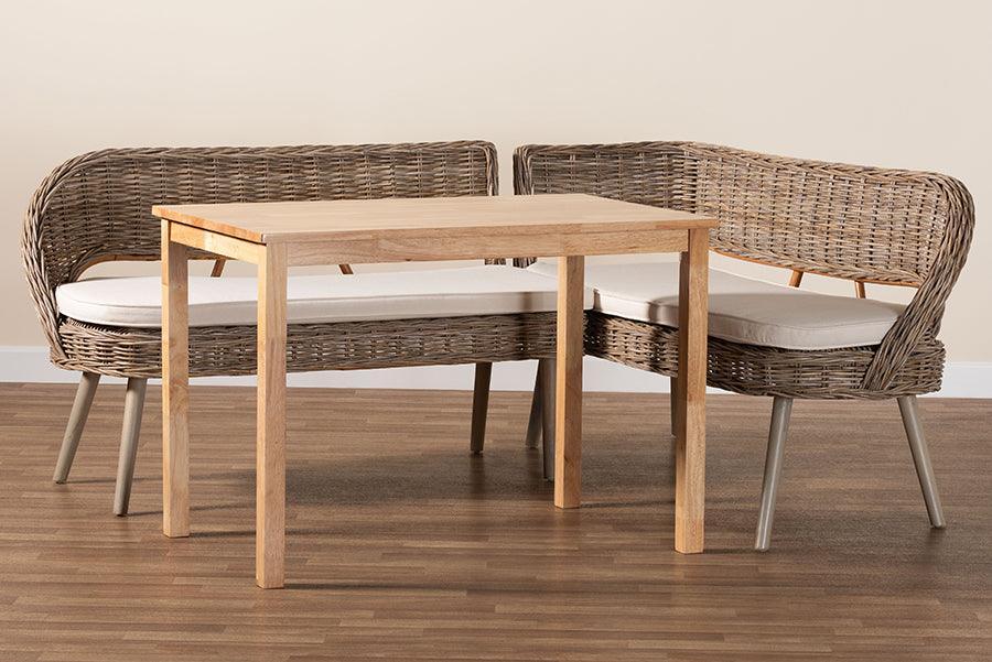 Baxton Studio Raisa Modern Bohemian Greywashed Seagrass Bench and Wood Table 3-Piece Dining Nook Set FredCo