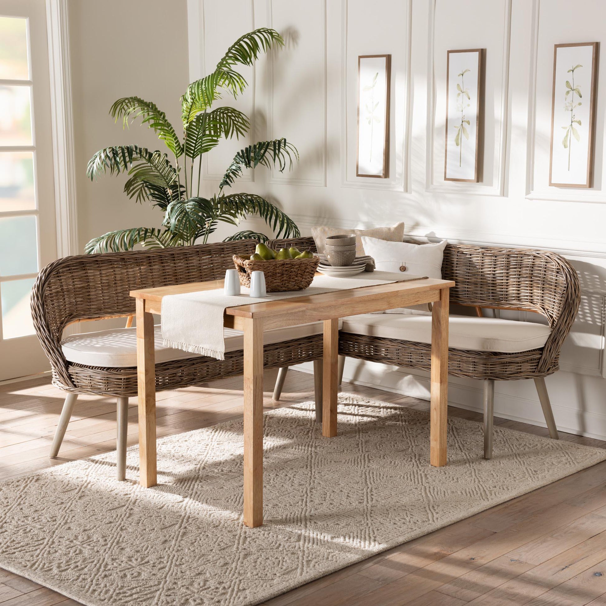 Baxton Studio Raisa Modern Bohemian Greywashed Seagrass Bench and Wood Table 3-Piece Dining Nook Set FredCo