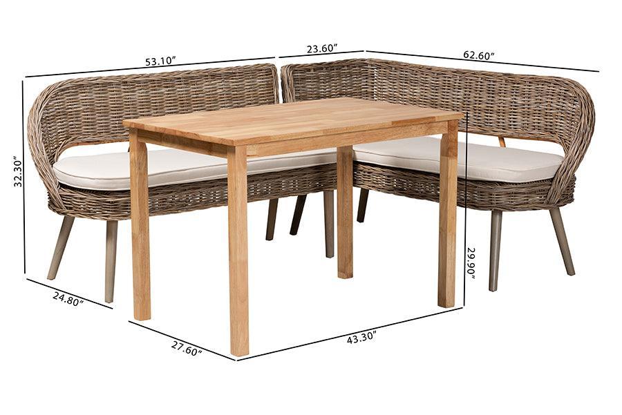 Baxton Studio Raisa Modern Bohemian Greywashed Seagrass Bench and Wood Table 3-Piece Dining Nook Set FredCo