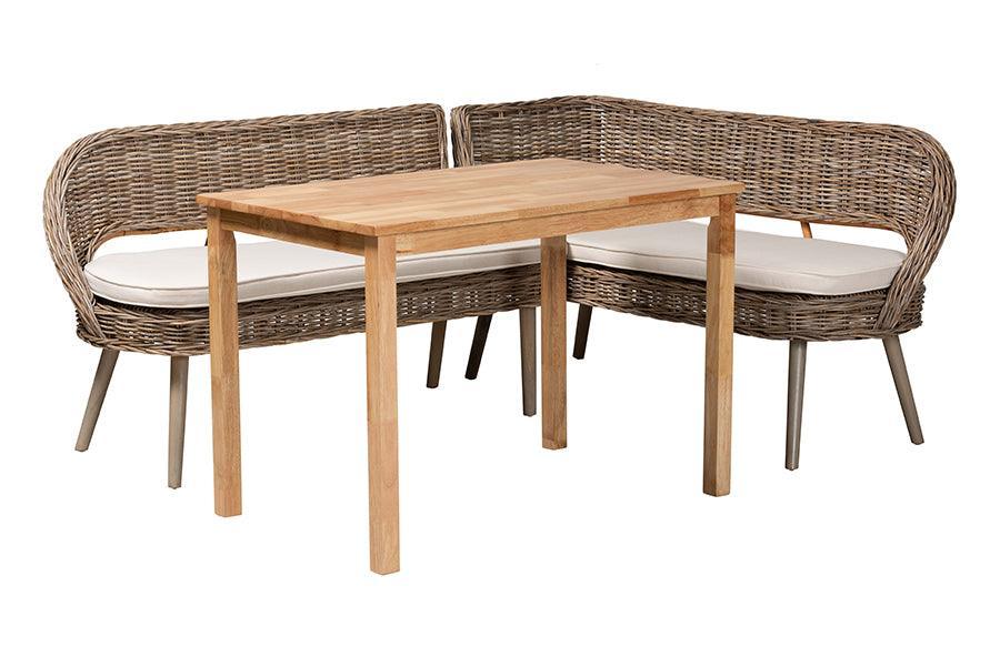 Baxton Studio Raisa Modern Bohemian Greywashed Seagrass Bench and Wood Table 3-Piece Dining Nook Set FredCo