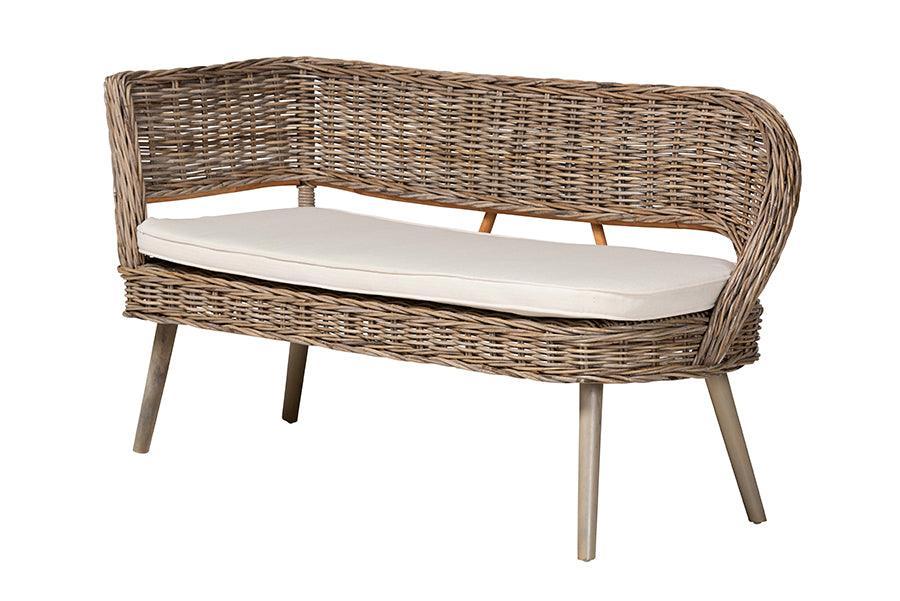 Baxton Studio Raisa Modern Bohemian Greywashed Seagrass Bench and Wood Table 3-Piece Dining Nook Set FredCo