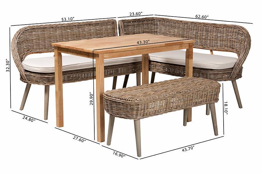 Baxton Studio Raisa Modern Bohemian Greywashed Seagrass Bench and Wood Table 4-Piece Dining Nook Set FredCo