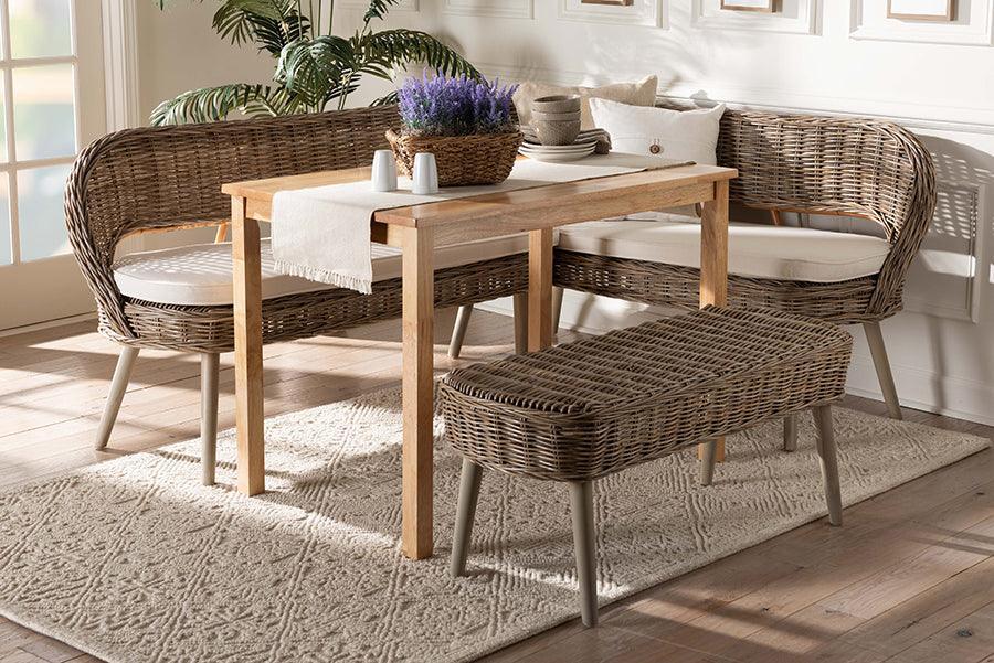 Baxton Studio Raisa Modern Bohemian Greywashed Seagrass Bench and Wood Table 4-Piece Dining Nook Set FredCo