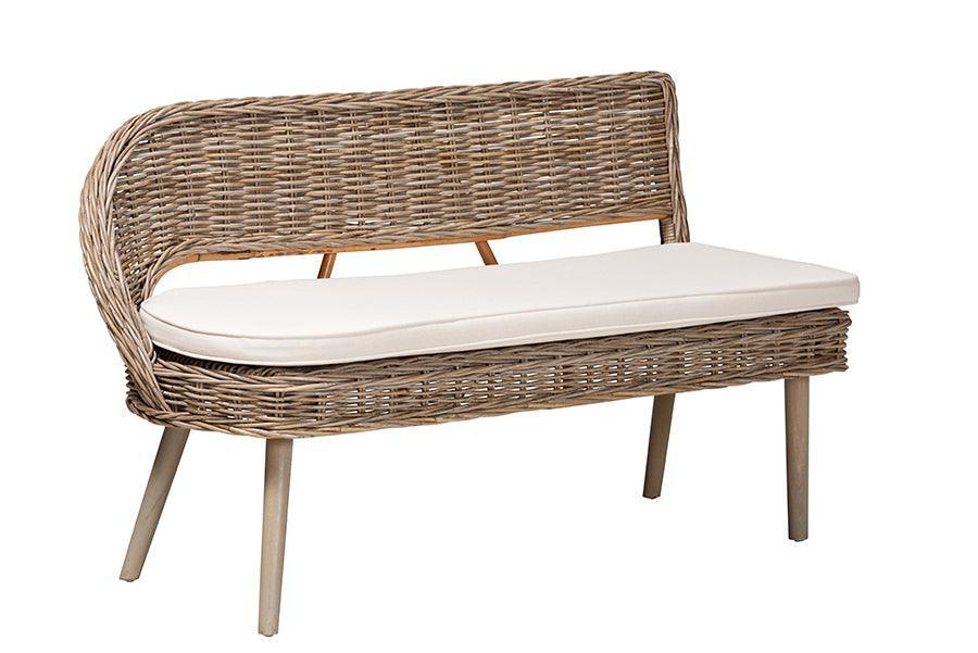 Baxton Studio Raisa Modern Bohemian Greywashed Seagrass Bench and Wood Table 4-Piece Dining Nook Set FredCo