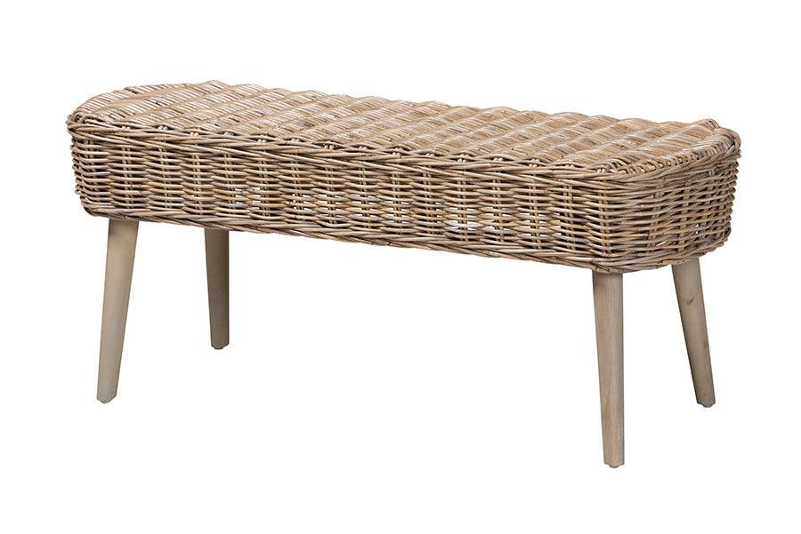 Baxton Studio Raisa Modern Bohemian Greywashed Seagrass Bench and Wood Table 4-Piece Dining Nook Set FredCo