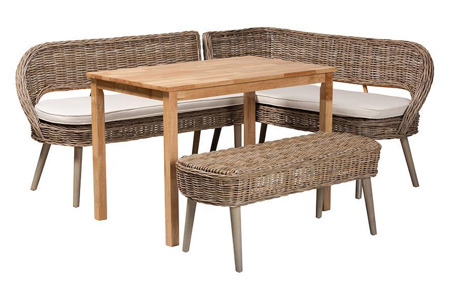 Baxton Studio Raisa Modern Bohemian Greywashed Seagrass Bench and Wood Table 4-Piece Dining Nook Set FredCo
