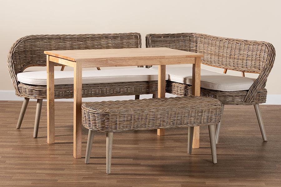 Baxton Studio Raisa Modern Bohemian Greywashed Seagrass Bench and Wood Table 4-Piece Dining Nook Set FredCo