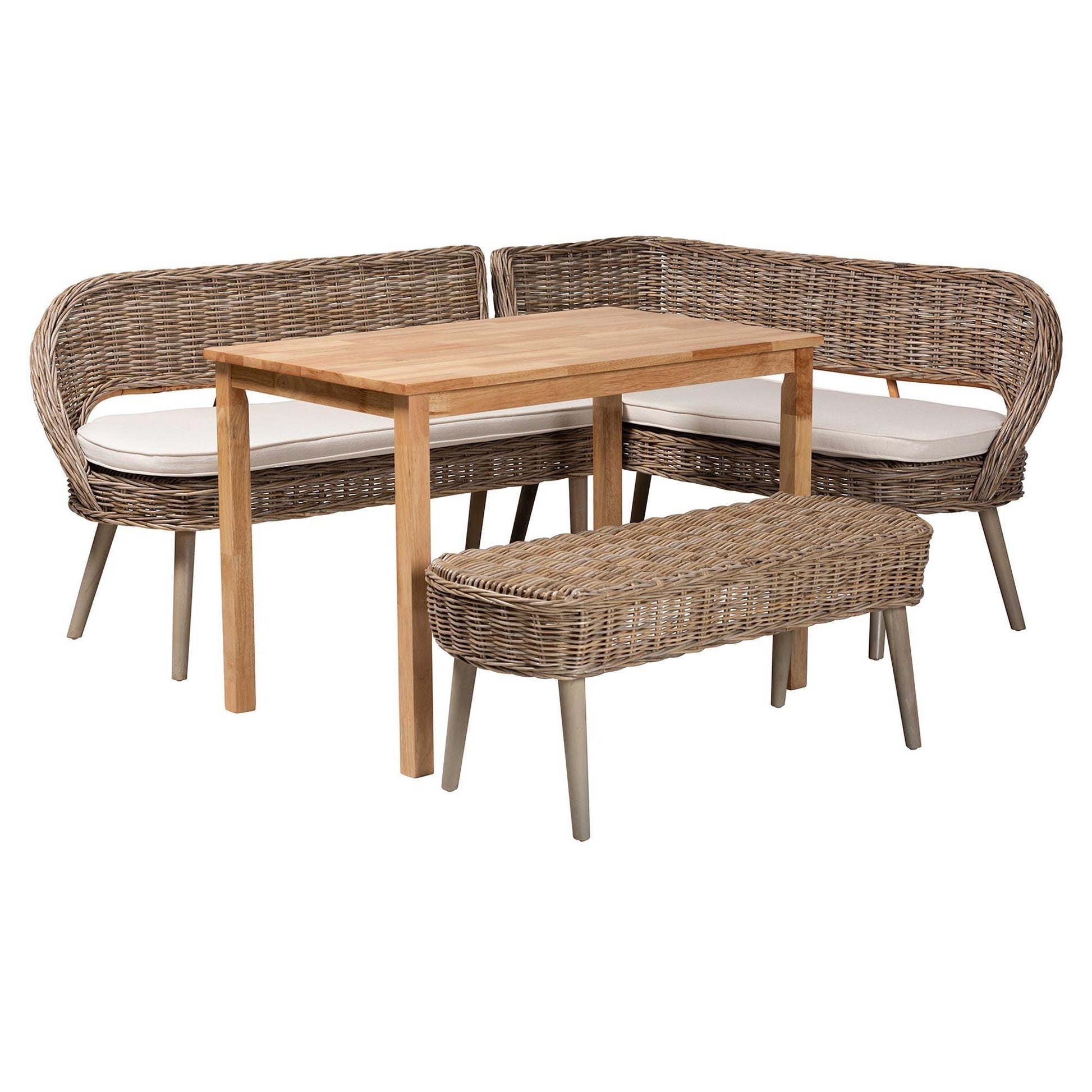 Baxton Studio Raisa Modern Bohemian Greywashed Seagrass Bench and Wood Table 4-Piece Dining Nook Set FredCo