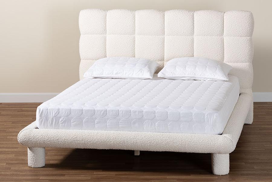 Baxton Studio Ralayna Modern Luxe Ivory Boucle Fabric Queen Size Bed FredCo