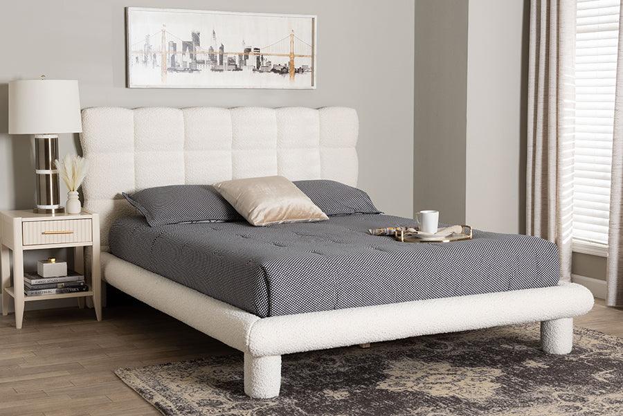 Baxton Studio Ralayna Modern Luxe Ivory Boucle Fabric Queen Size Bed FredCo