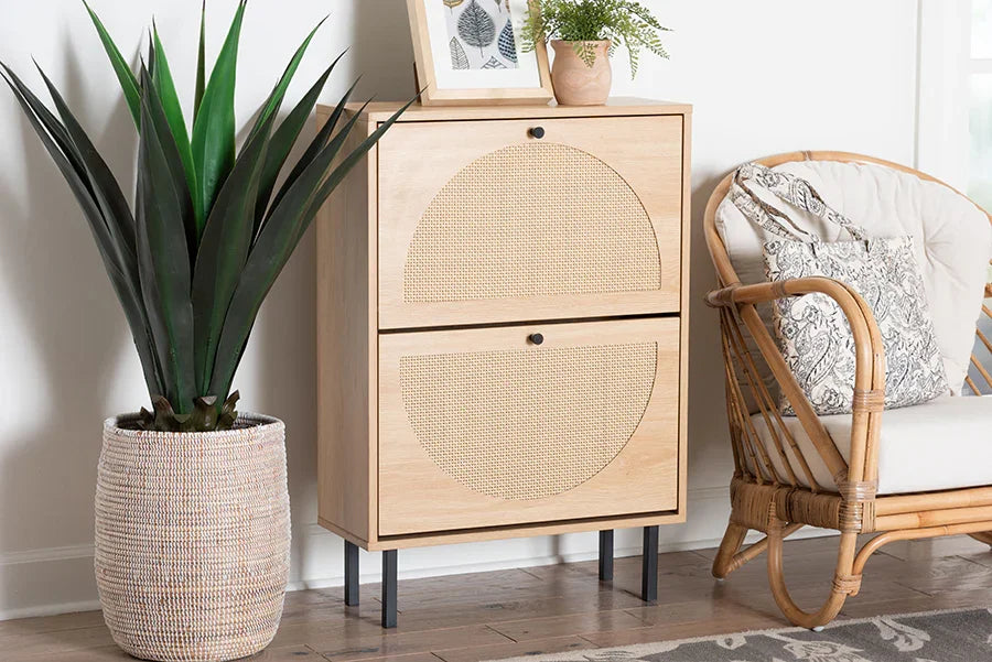 Baxton Studio Remus Wood Shoe Cabinet - 12-Pair Shoe Storage Organizer with 2 Flip Doors, Boho-Chic Compact Hallway or Entryway Furniture FredCo
