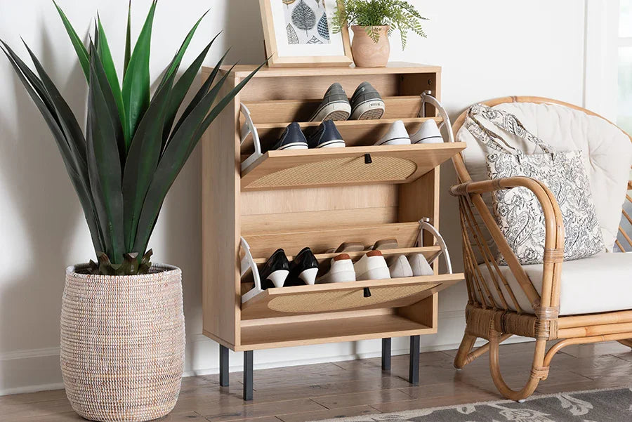 Baxton Studio Remus Wood Shoe Cabinet - 12-Pair Shoe Storage Organizer with 2 Flip Doors, Boho-Chic Compact Hallway or Entryway Furniture FredCo