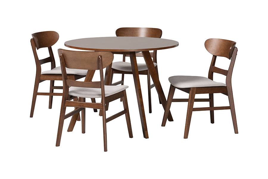 Mid-century modern wood 5-piece dining set with round table and four chairs, FredCo International