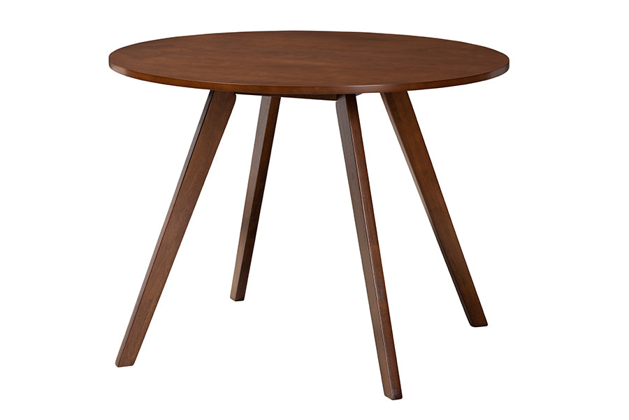 Mid-century modern round wood dining table with angled legs, ideal for kitchen or dining room