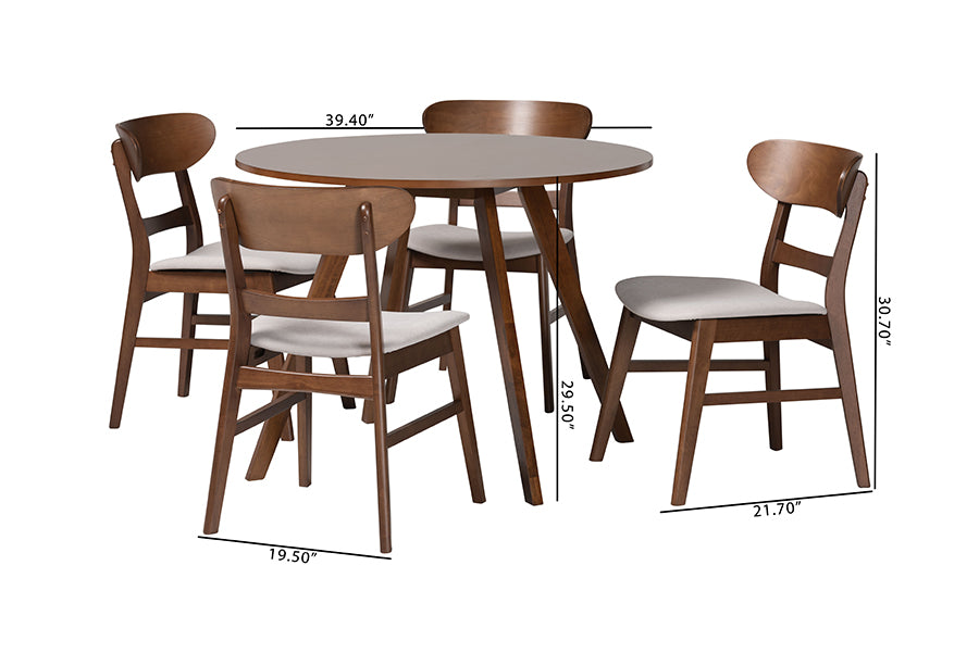 Mid-century modern wood 5-piece dining set with round table and four matching chairs, measurements shown