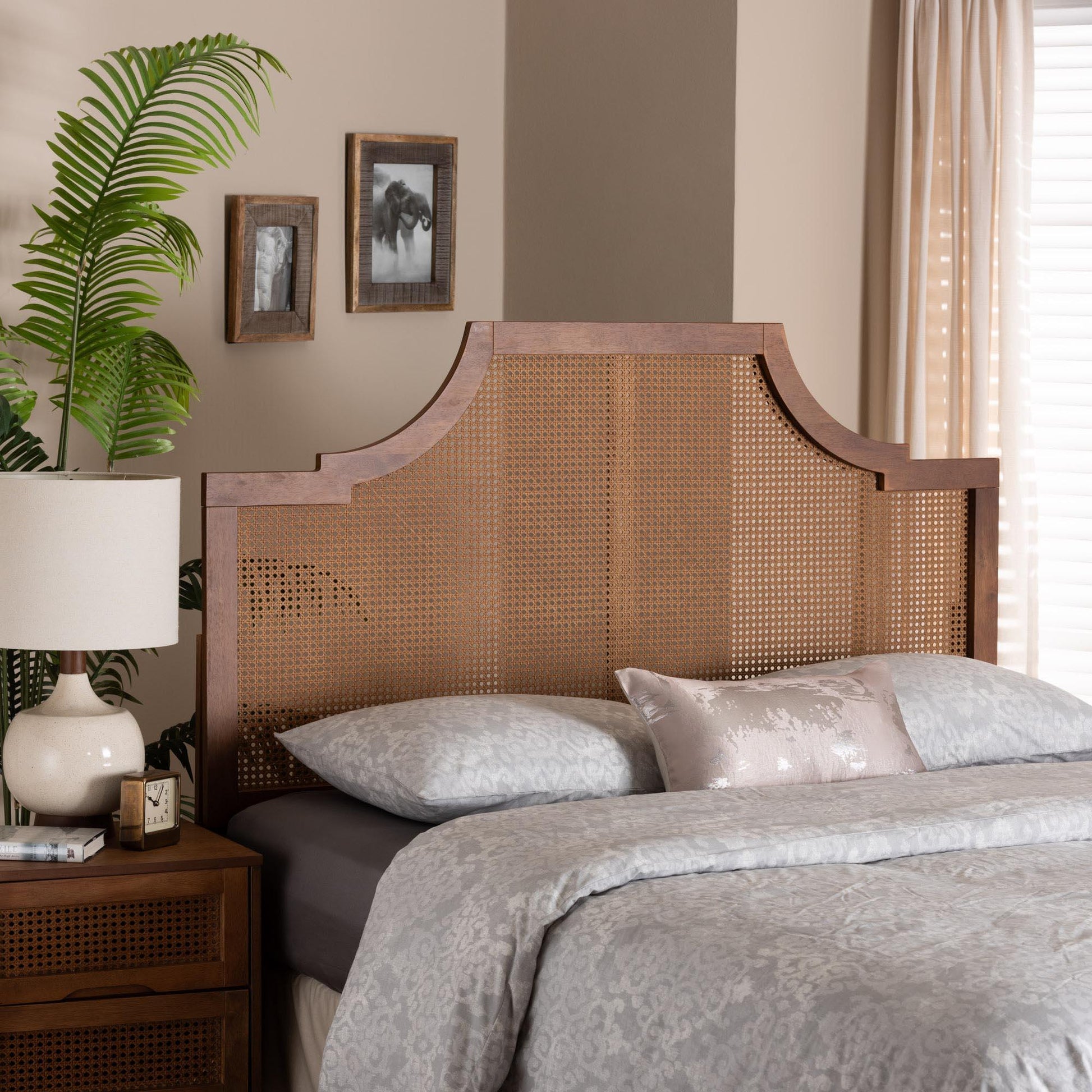 Baxton Studio Risha Mid-Century Modern Ash Walnut Finished Wood and Rattan Headboard FredCo