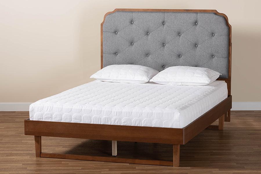 Baxton Studio Roald Mid-Century Modern Grey Fabric and Walnut Brown Wood King Size Platform Bed FredCo