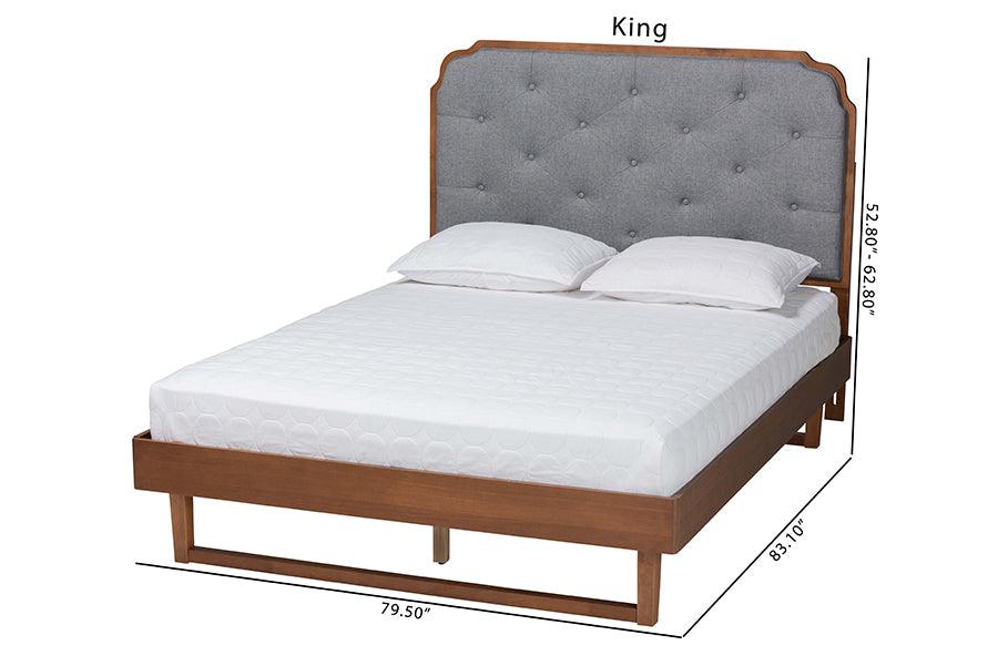 Baxton Studio Roald Mid-Century Modern Grey Fabric and Walnut Brown Wood King Size Platform Bed FredCo