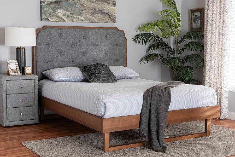 Baxton Studio Roald Mid-Century Modern Grey Fabric and Walnut Brown Wood King Size Platform Bed FredCo