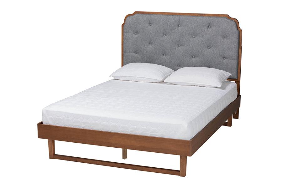 Baxton Studio Roald Mid-Century Modern Grey Fabric and Walnut Brown Wood King Size Platform Bed FredCo